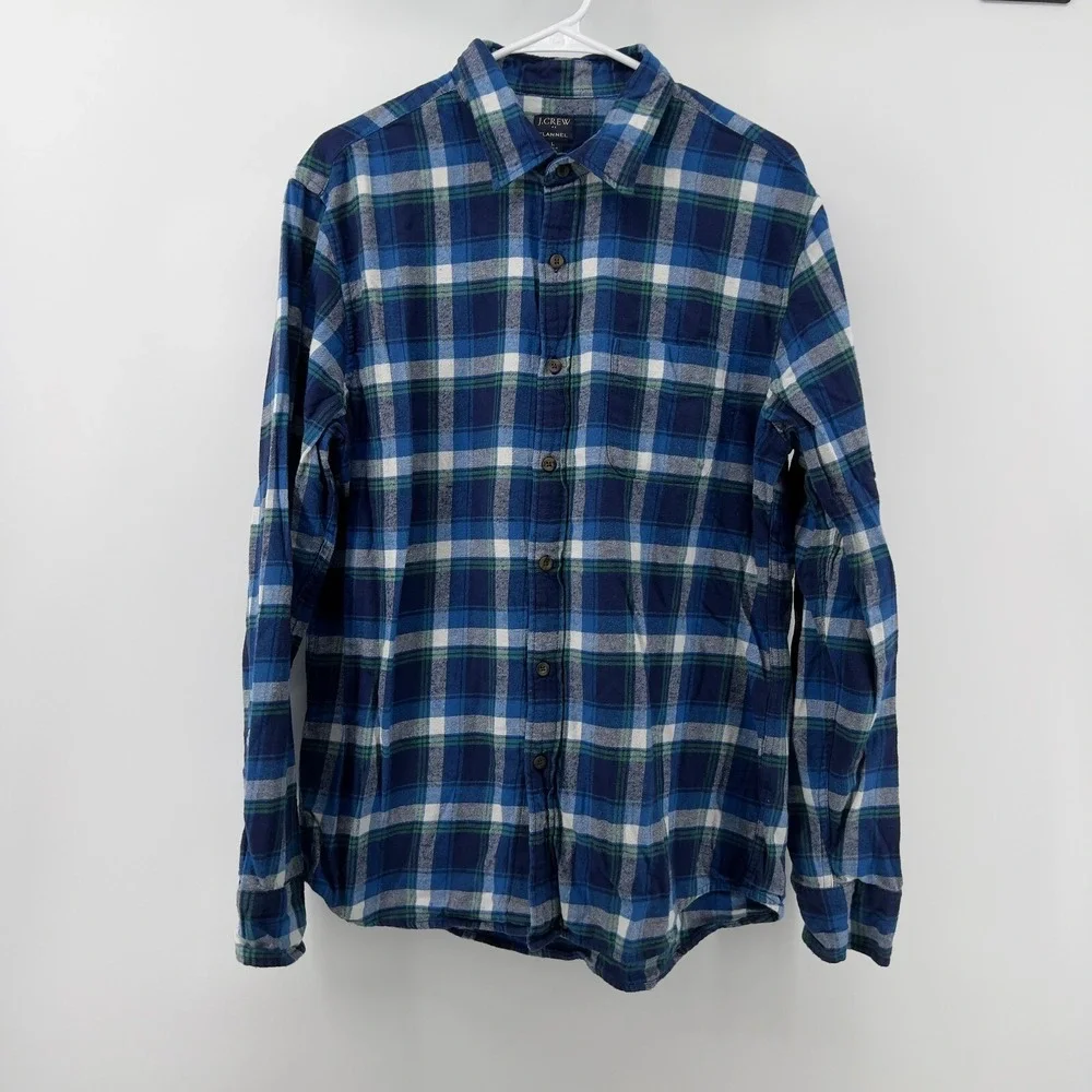 J.Crew Men L Button-Up Long Sleeve Flannel Shirt Blue Green Plaid‎ Collar Pocket